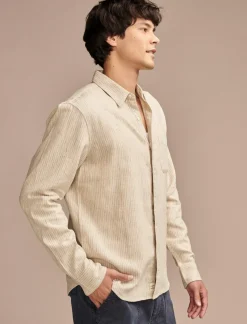 Lucky Brand railroad stripe linen one pocket long sleeve shirt natural stripe*MEN Button-Downs