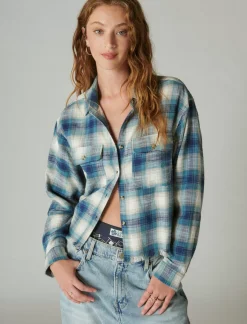 Lucky Brand raw edge cropped plaid teal plaid*WOMEN Blouses
