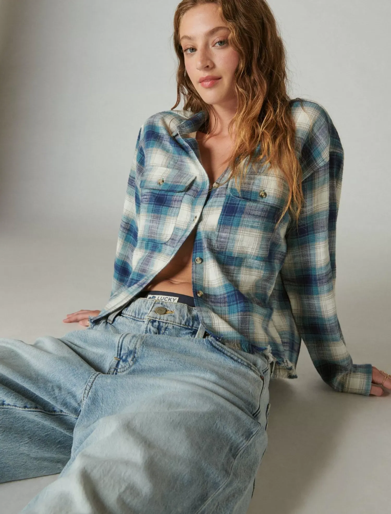 Lucky Brand raw edge cropped plaid teal plaid*WOMEN Blouses
