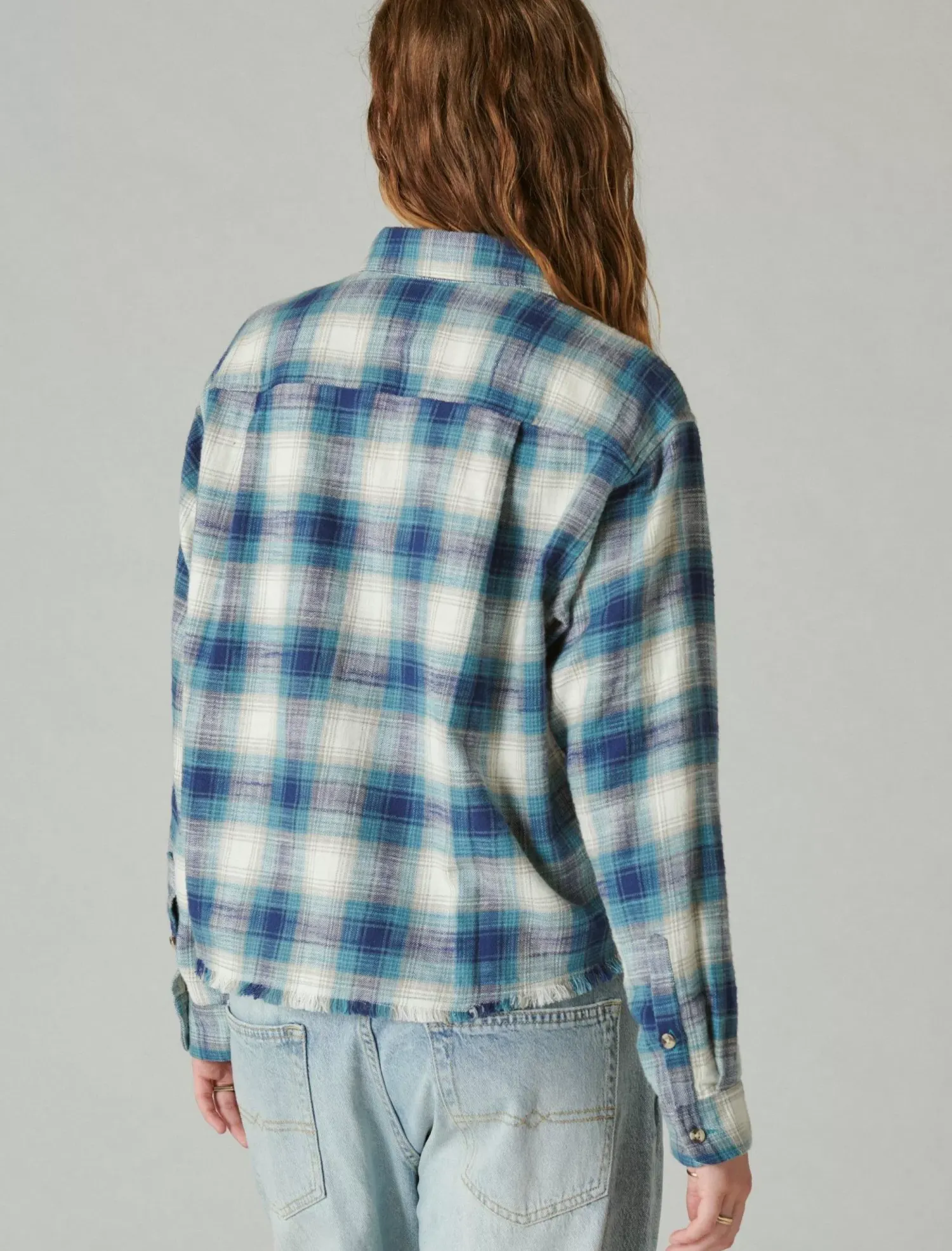 Lucky Brand raw edge cropped plaid teal plaid*WOMEN Blouses