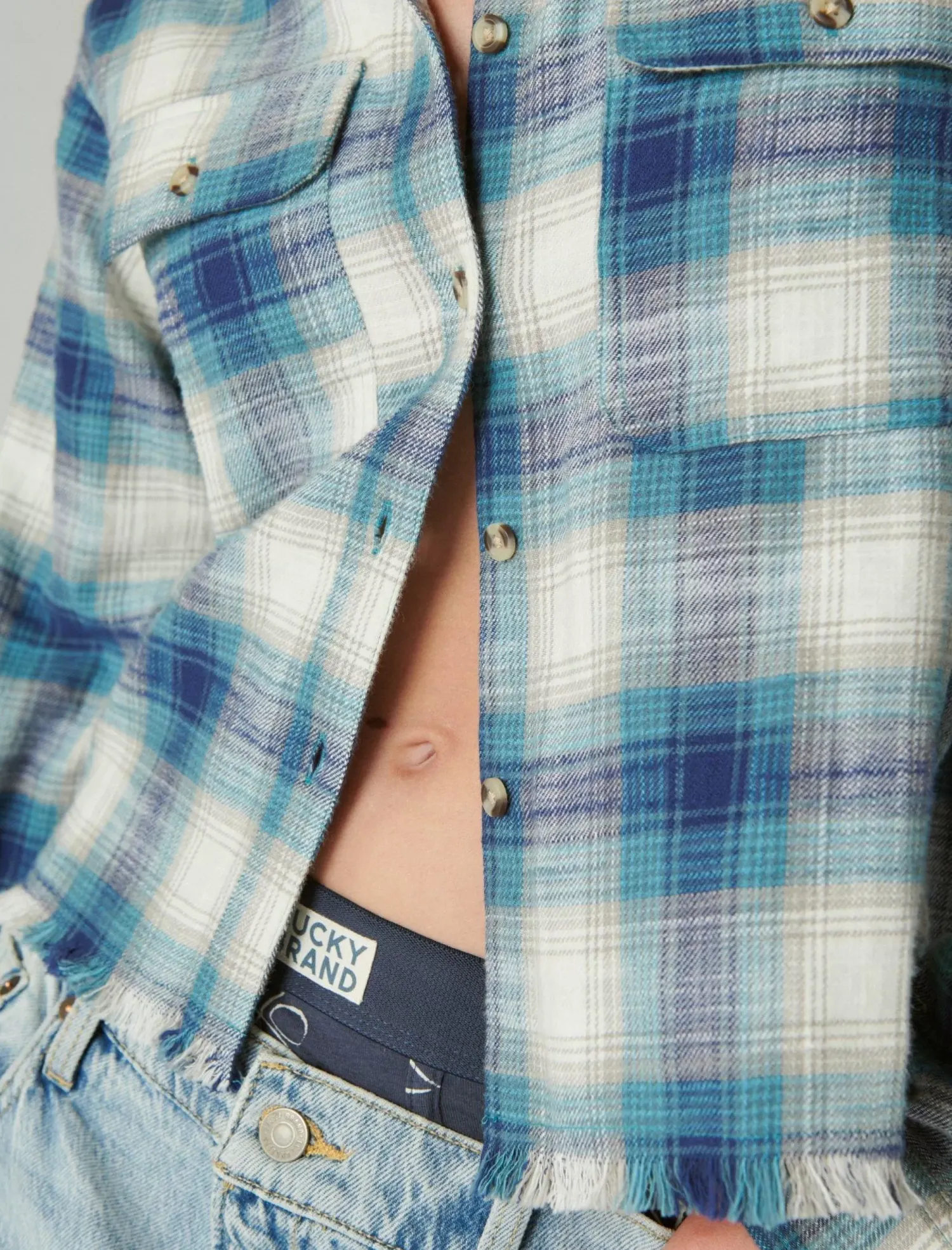 Lucky Brand raw edge cropped plaid teal plaid*WOMEN Blouses
