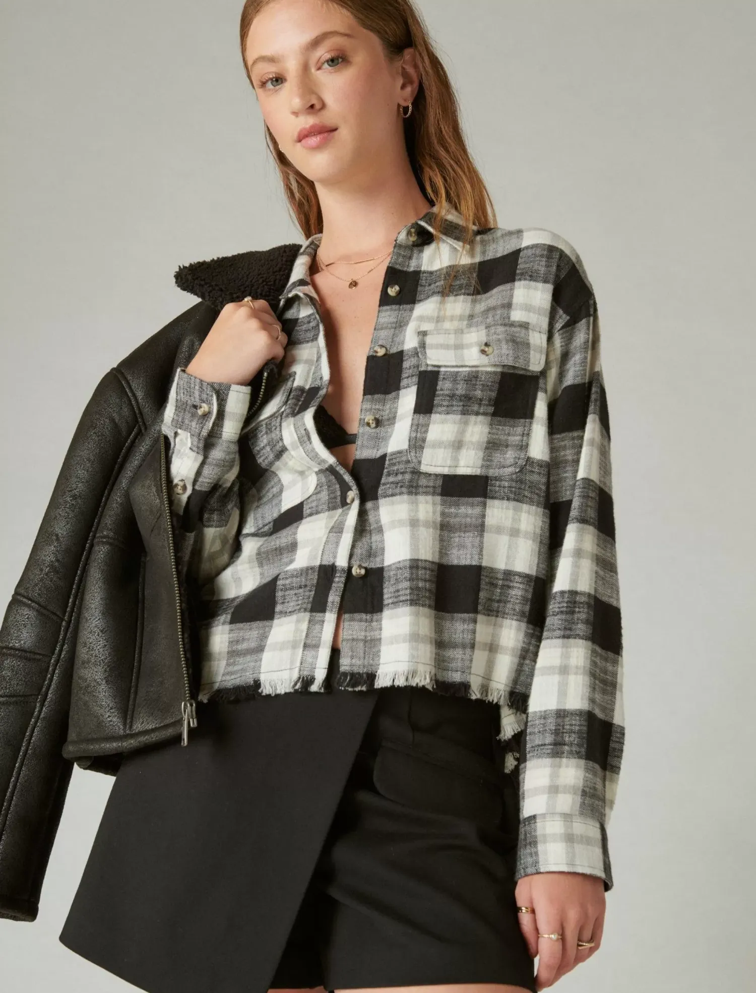 Lucky Brand raw edge cropped plaid lucky black plaid*WOMEN Blouses