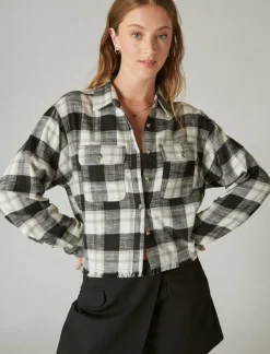 Lucky Brand raw edge cropped plaid lucky black plaid*WOMEN Blouses