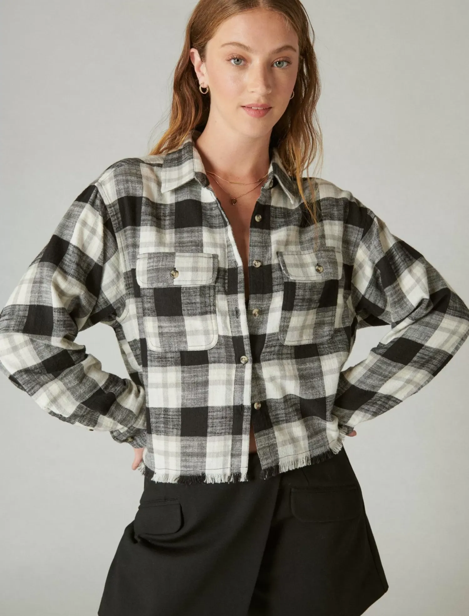 Lucky Brand raw edge cropped plaid lucky black plaid*WOMEN Blouses