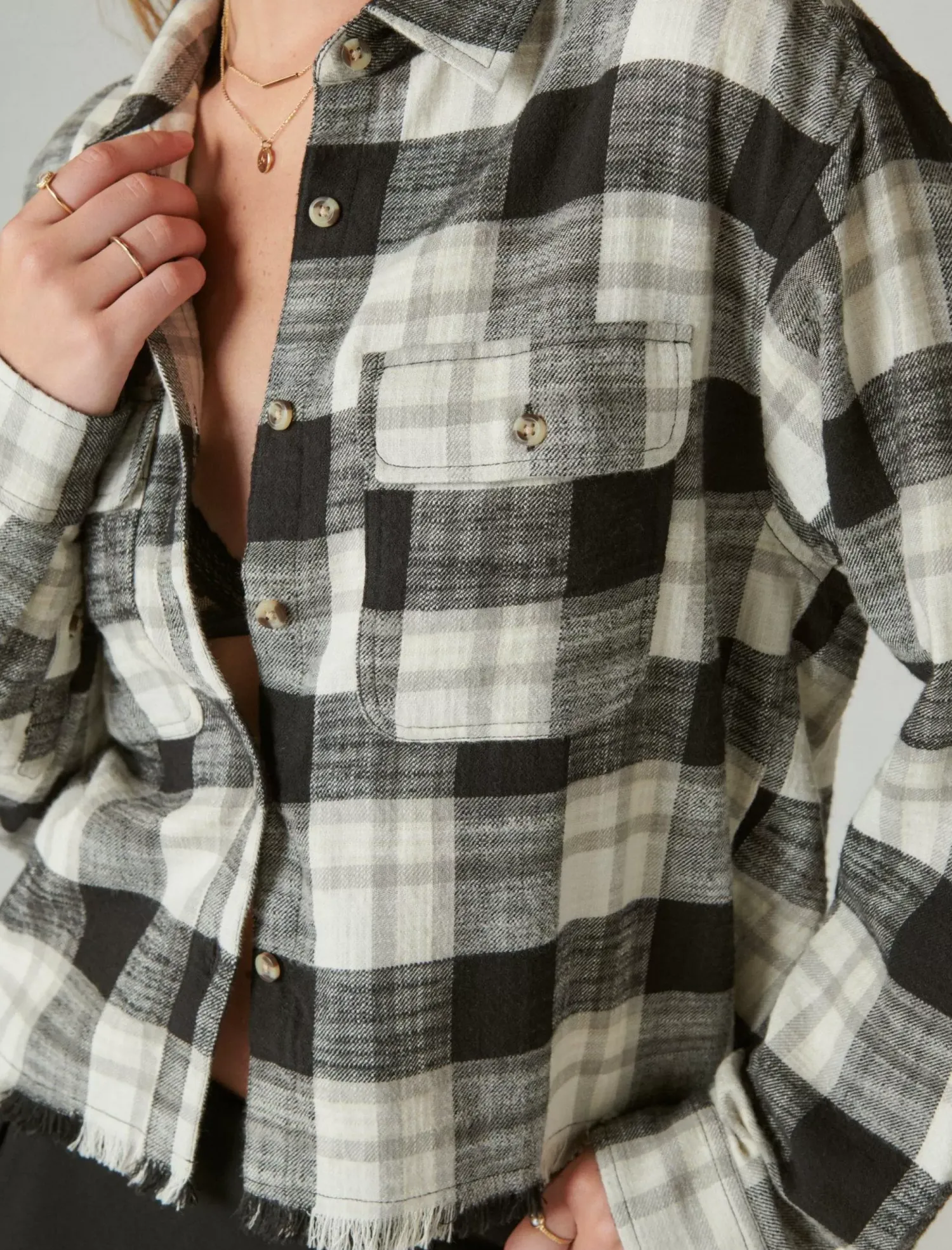 Lucky Brand raw edge cropped plaid lucky black plaid*WOMEN Blouses