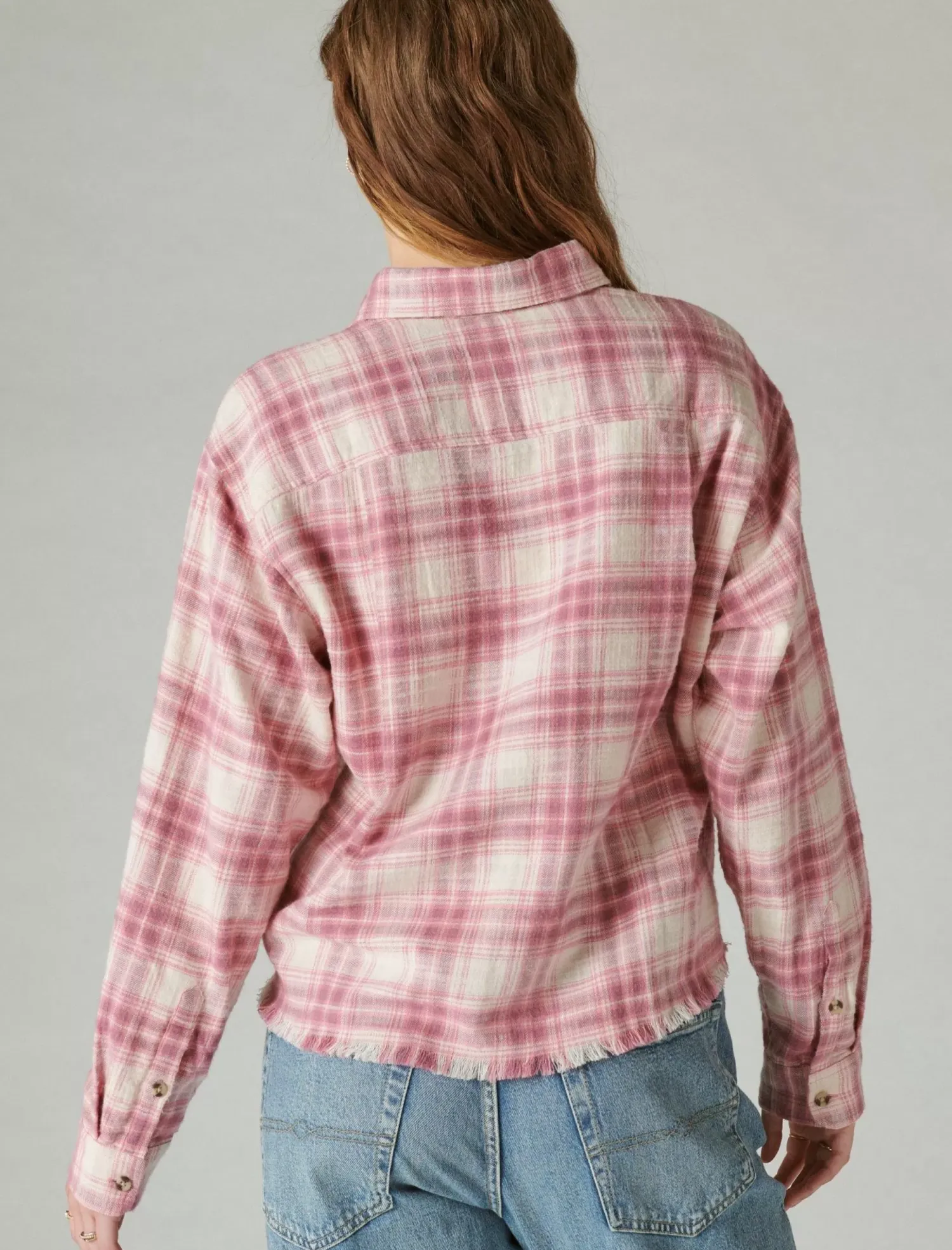 Lucky Brand raw edge cropped plaid pink blush plaid*WOMEN Blouses
