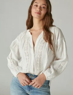Lucky Brand relaxed lace open neckshirt bright white*WOMEN Blouses