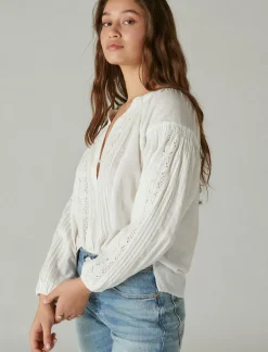 Lucky Brand relaxed lace open neckshirt bright white*WOMEN Blouses