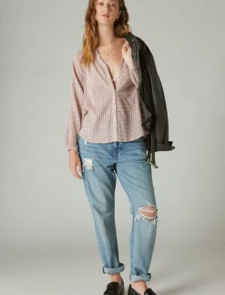 Lucky Brand relaxed plaid open neckshirt cream pink plaid*WOMEN Blouses