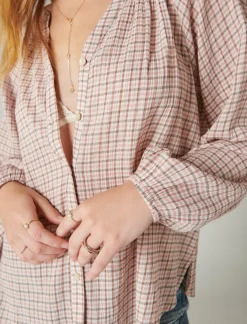 Lucky Brand relaxed plaid open neckshirt cream pink plaid*WOMEN Blouses