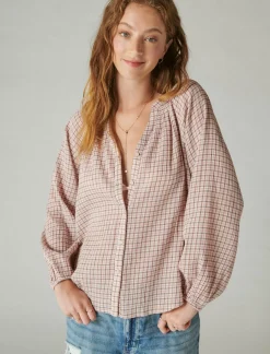 Lucky Brand relaxed plaid open neckshirt cream pink plaid*WOMEN Blouses