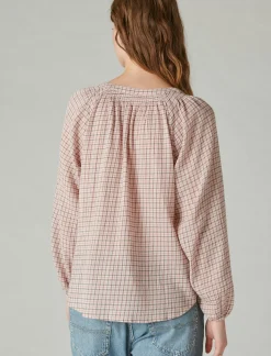 Lucky Brand relaxed plaid open neckshirt cream pink plaid*WOMEN Blouses