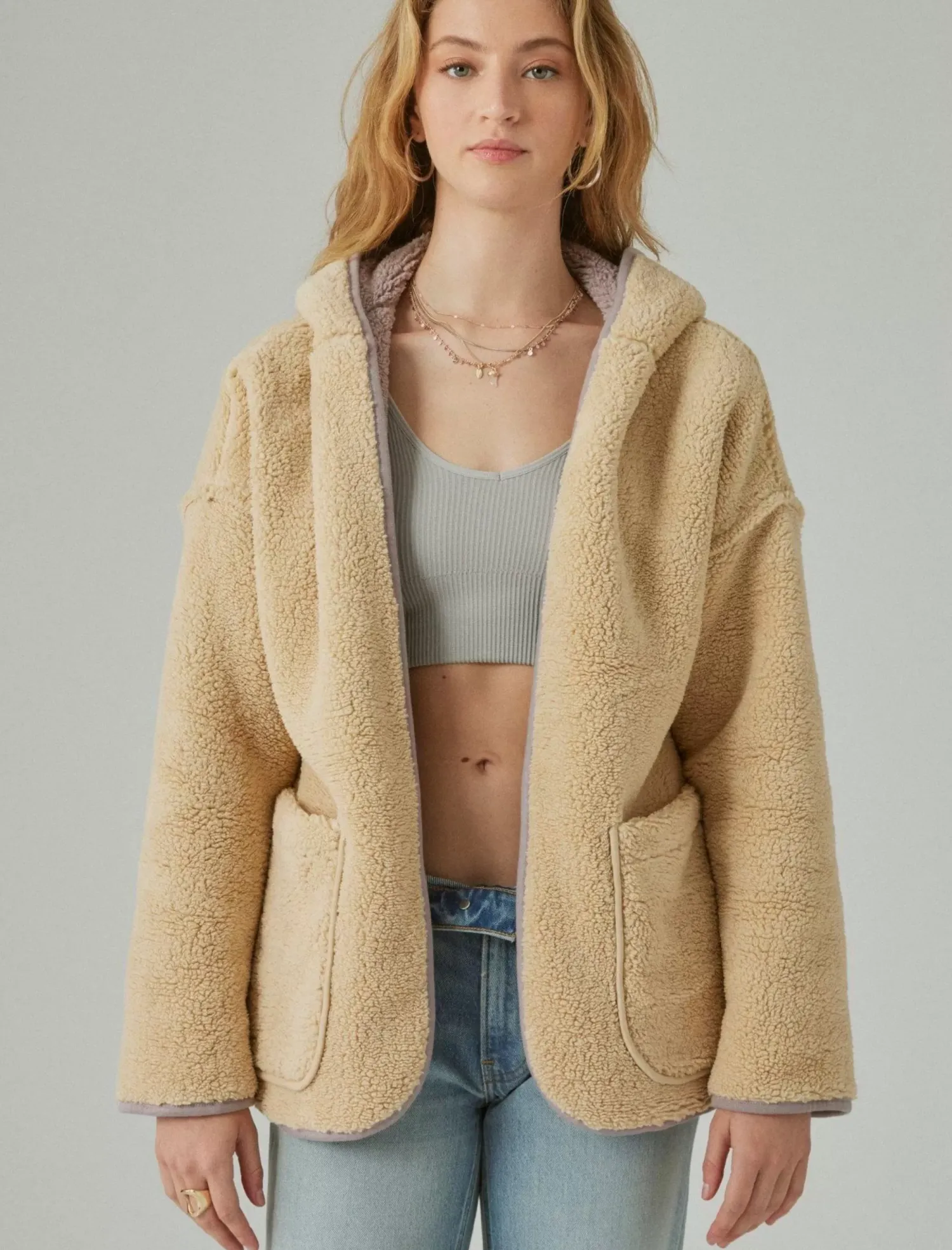 Lucky Brand reversible hi-pile cardigan satellite*WOMEN Activewear