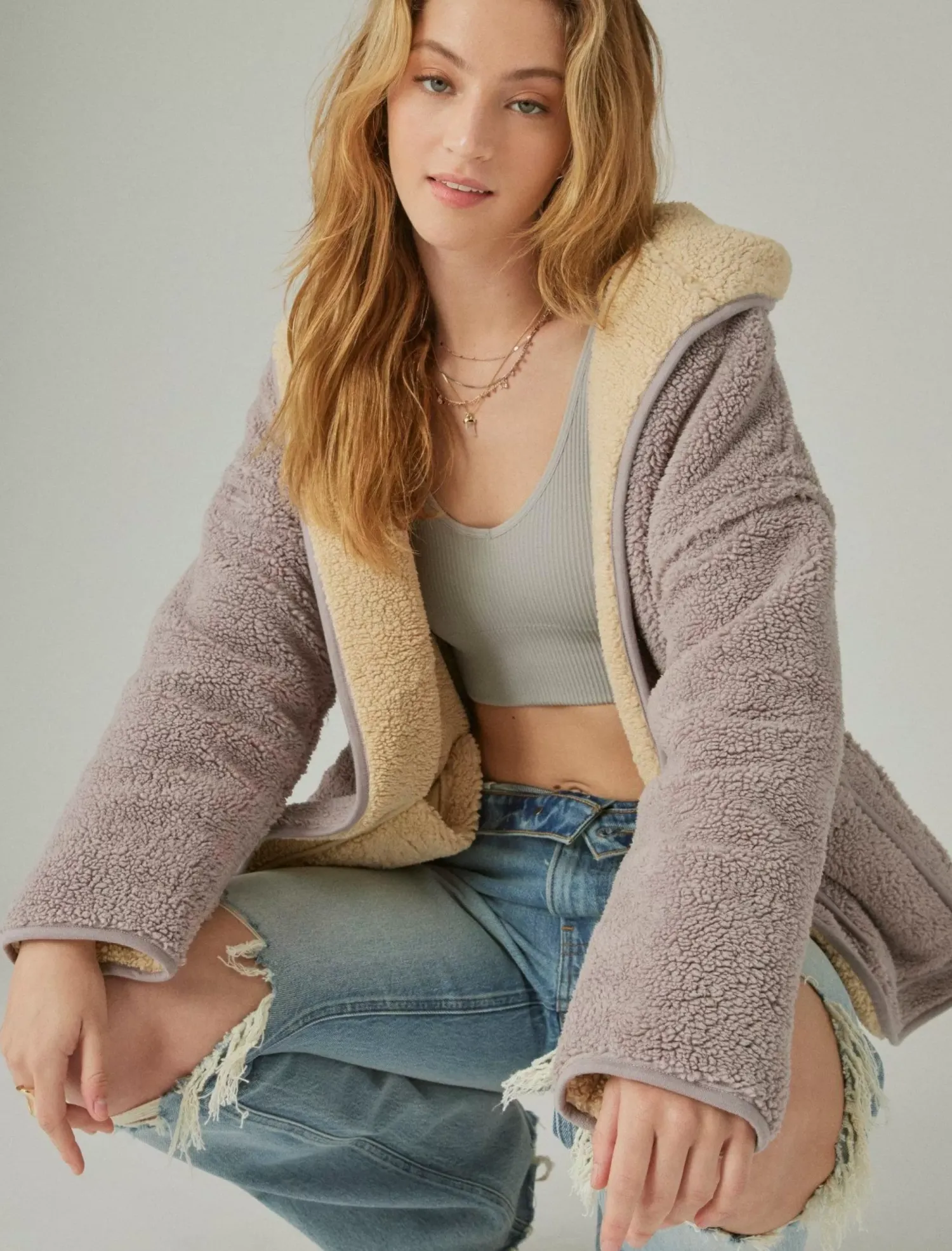 Lucky Brand reversible hi-pile cardigan satellite*WOMEN Activewear