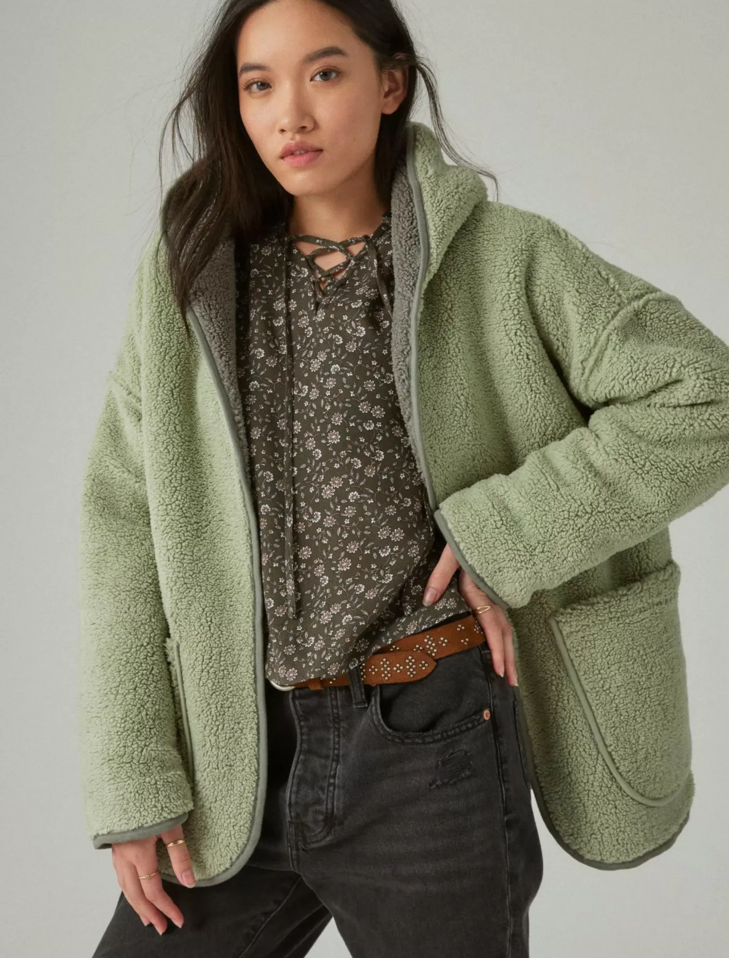 Lucky Brand reversible hi-pile cardigan balsam green*WOMEN Activewear