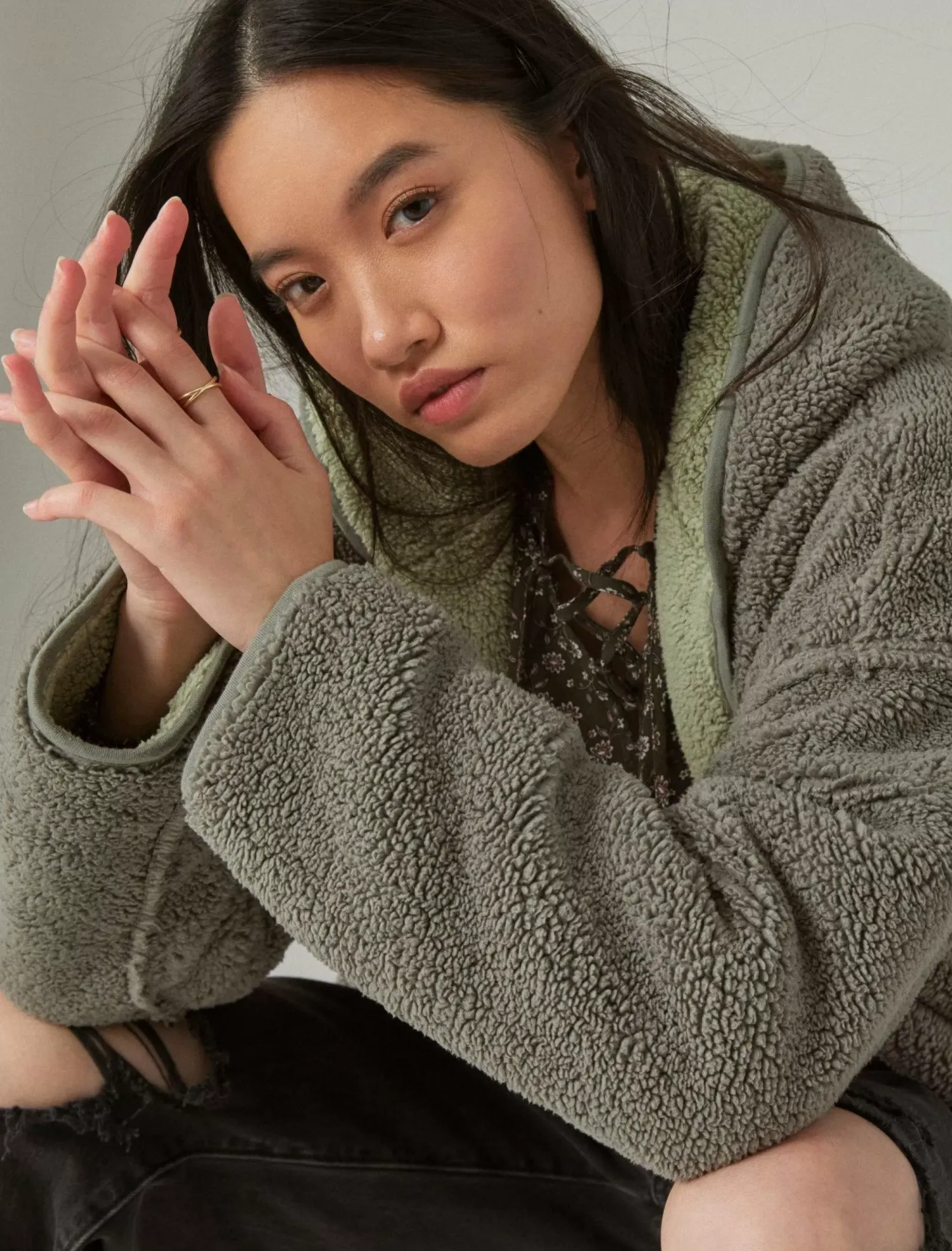 Lucky Brand reversible hi-pile cardigan balsam green*WOMEN Activewear