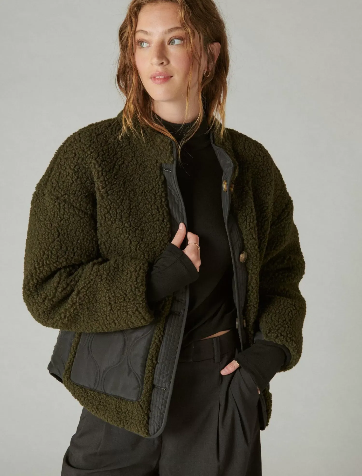 Lucky Brand reversible mixed media faux shearling jacket olive multi*WOMEN Jackets & Outerwear
