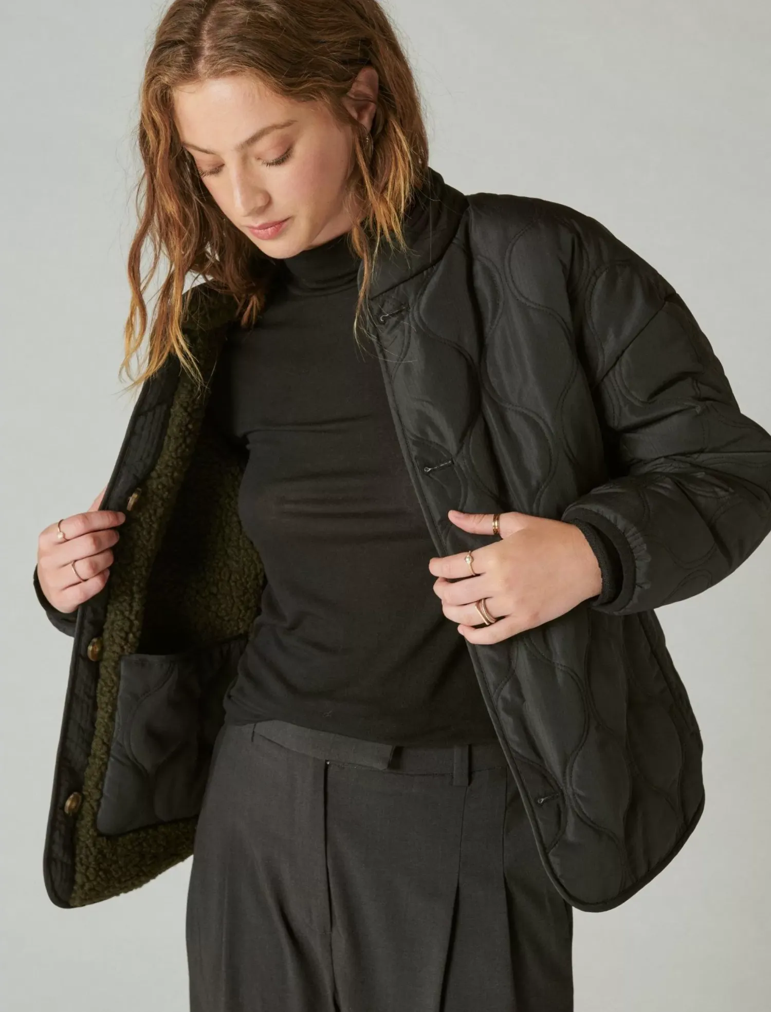 Lucky Brand reversible mixed media faux shearling jacket olive multi*WOMEN Jackets & Outerwear