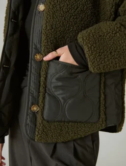 Lucky Brand reversible mixed media faux shearling jacket olive multi*WOMEN Jackets & Outerwear