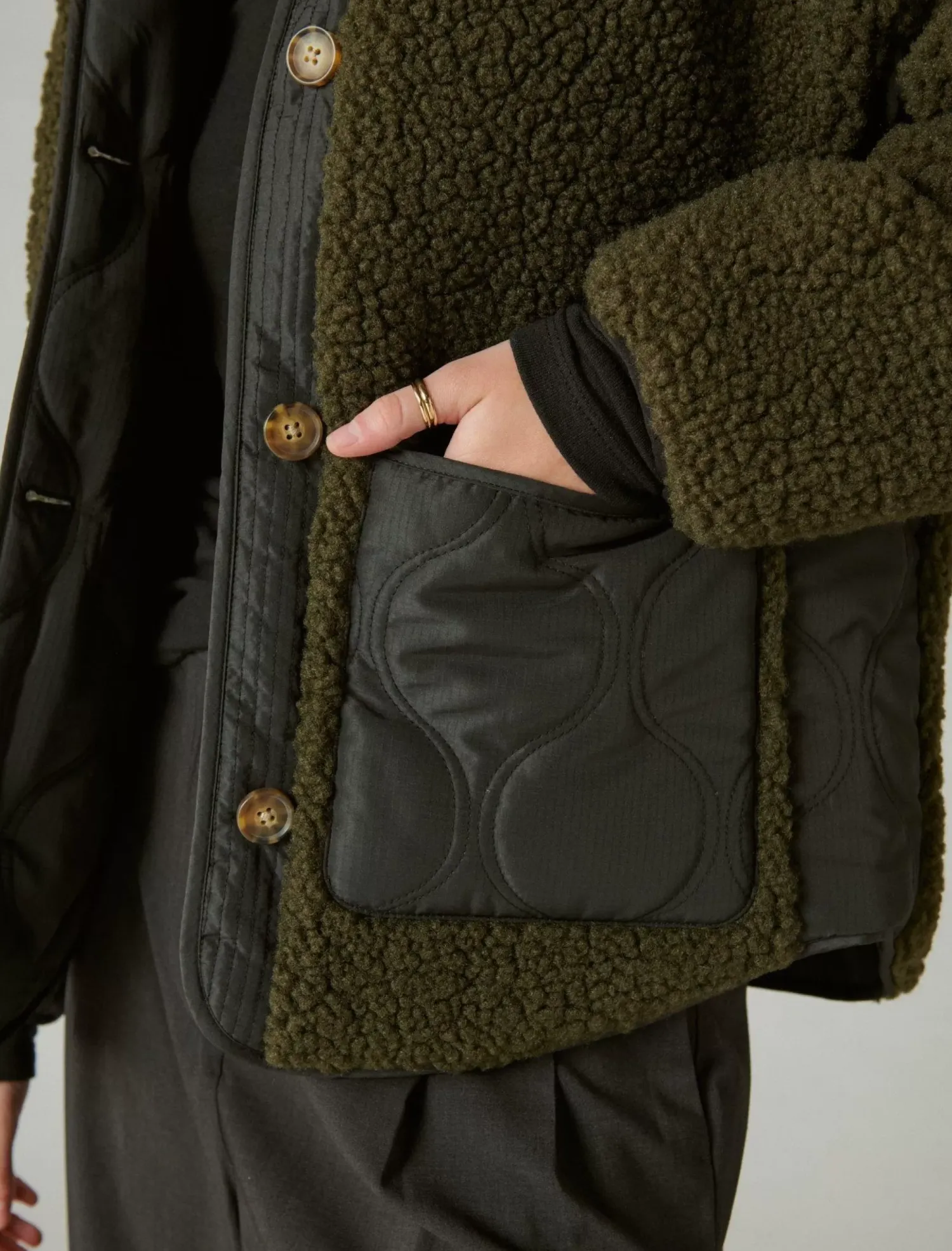 Lucky Brand reversible mixed media faux shearling jacket olive multi*WOMEN Jackets & Outerwear