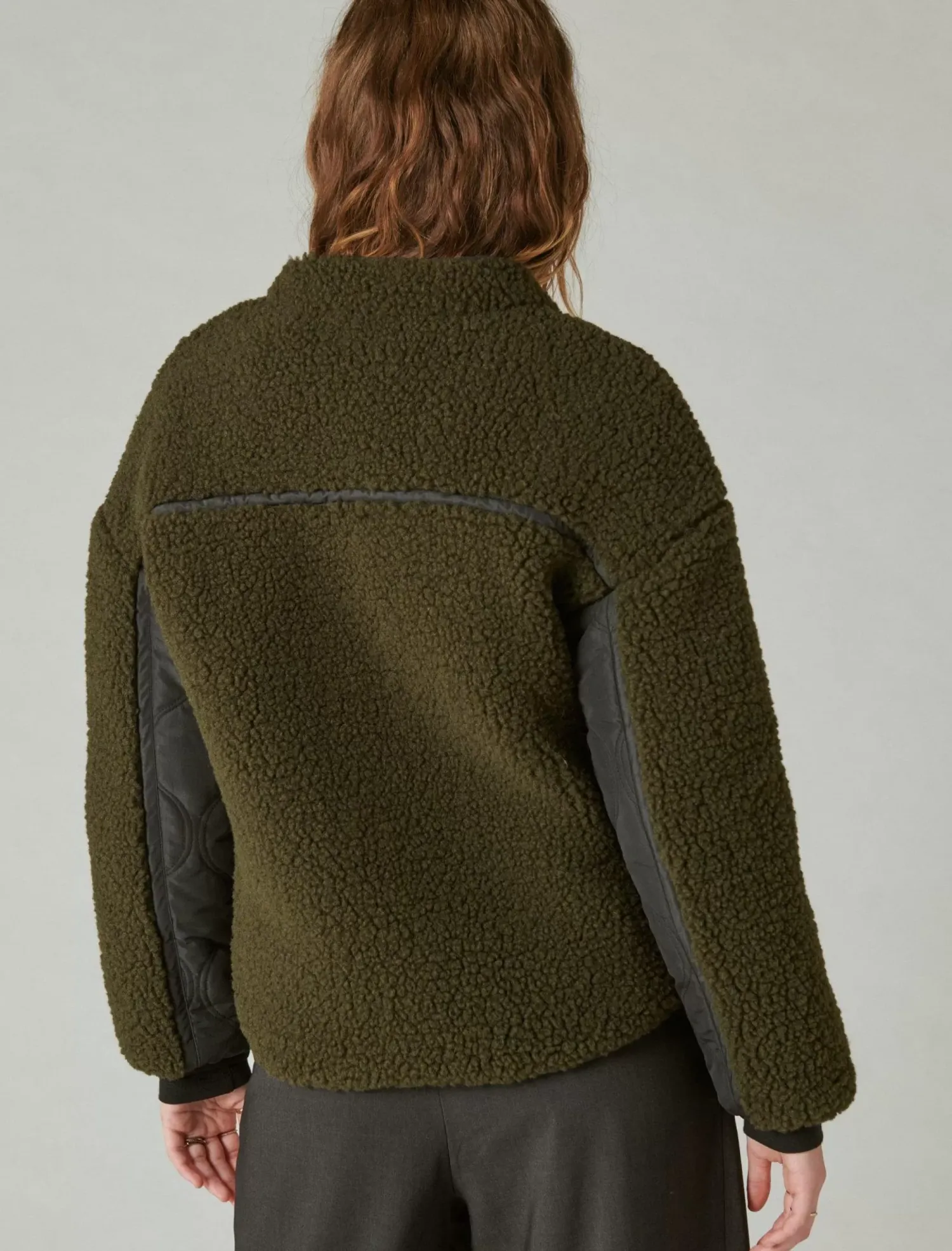 Lucky Brand reversible mixed media faux shearling jacket olive multi*WOMEN Jackets & Outerwear
