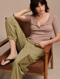 Lucky Brand ribbed henley tee raw umber*WOMEN Knit Tops