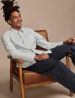 Lucky Brand rumpled poplin one pocket long sleeve shirt celestial blue*MEN Suit Separates|Button-Downs