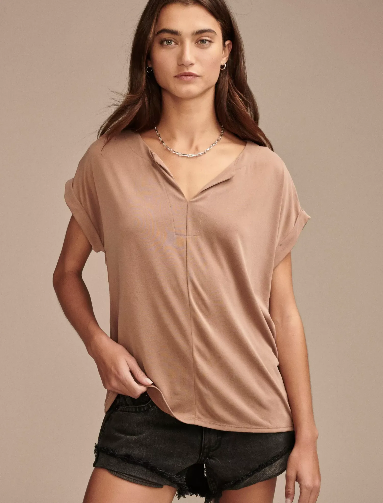 Lucky Brand sandwash notch neck tee mocha mousse*WOMEN Knit Tops