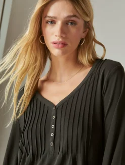 Lucky Brand sandwash pintuck top jet black*WOMEN Knit Tops|Blouses