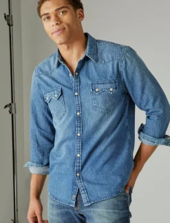 Lucky Brand sawtooth denim western shirt haywood*WOMEN|MEN Blouses|Button-Downs