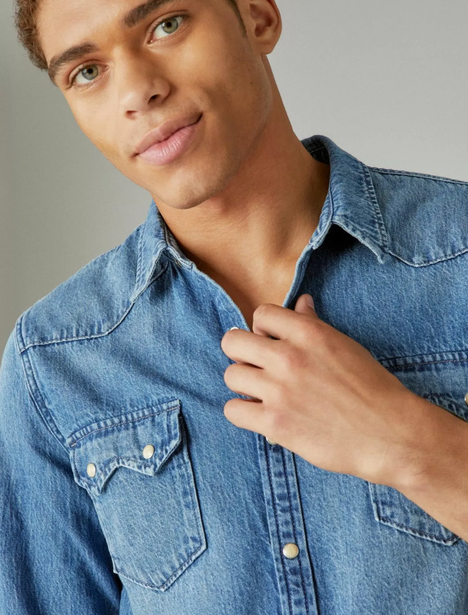 Lucky Brand sawtooth denim western shirt haywood*WOMEN|MEN Blouses|Button-Downs