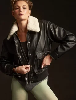Lucky Brand shearling collar leather bomber jacket black*WOMEN Jackets & Outerwear