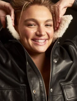 Lucky Brand shearling collar leather bomber jacket black*WOMEN Jackets & Outerwear
