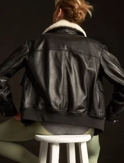 Lucky Brand shearling collar leather bomber jacket black*WOMEN Jackets & Outerwear