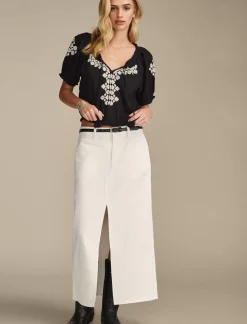 Lucky Brand short sleeve geo embroidered peasant top jet black*WOMEN Blouses