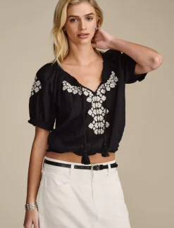 Lucky Brand short sleeve geo embroidered peasant top jet black*WOMEN Blouses