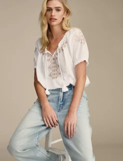 Lucky Brand short sleeve geo embroidered peasant top bright white*WOMEN Blouses