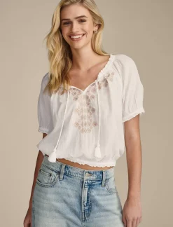 Lucky Brand short sleeve geo embroidered peasant top bright white*WOMEN Blouses
