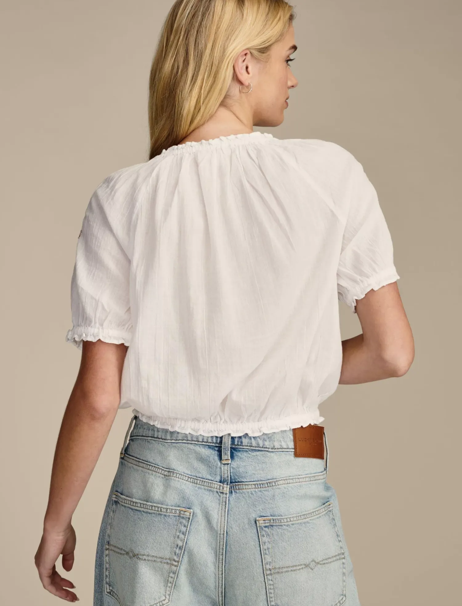 Lucky Brand short sleeve geo embroidered peasant top bright white*WOMEN Blouses