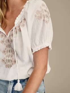 Lucky Brand short sleeve geo embroidered peasant top bright white*WOMEN Blouses