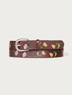 Lucky Brand skinny leather jean belt with floral embossed and handpaint dark brown*WOMEN Belts