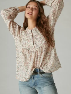 Lucky Brand smocked button through blouse whisper white multi*WOMEN Blouses