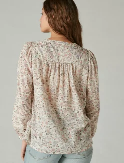 Lucky Brand smocked button through blouse whisper white multi*WOMEN Blouses