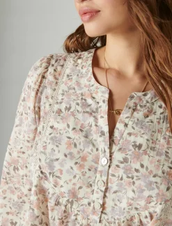 Lucky Brand smocked button through blouse whisper white multi*WOMEN Blouses
