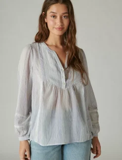 Lucky Brand smocked button through blouse blue white stripe*WOMEN Blouses