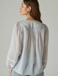 Lucky Brand smocked button through blouse blue white stripe*WOMEN Blouses