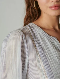 Lucky Brand smocked button through blouse blue white stripe*WOMEN Blouses