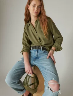 Lucky Brand solid boyfriend button down shirt olive*WOMEN Blouses
