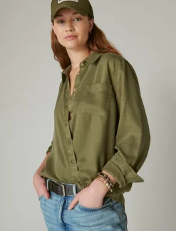 Lucky Brand solid boyfriend button down shirt olive*WOMEN Blouses