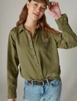 Lucky Brand solid boyfriend button down shirt olive*WOMEN Blouses